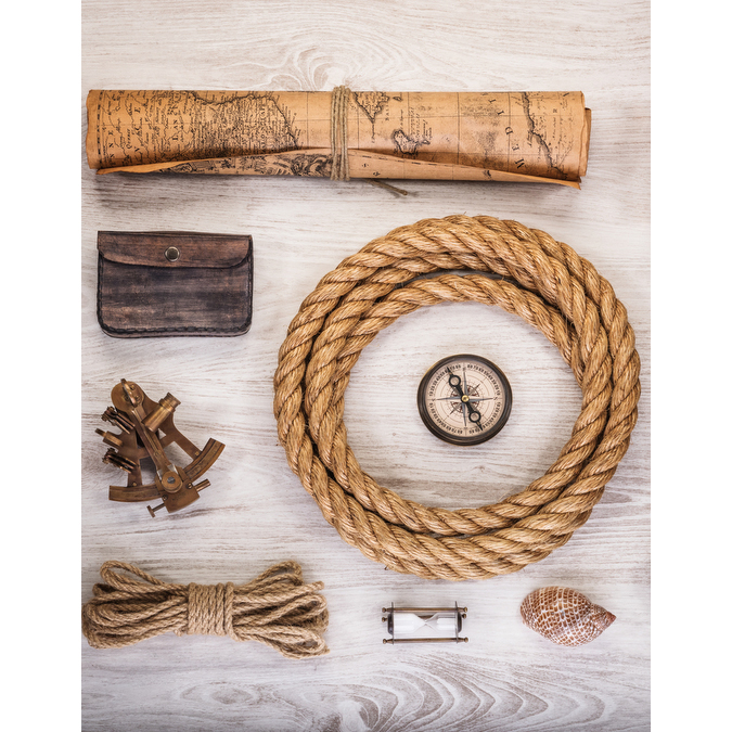 Overhead view of pirate or sailor gear laid out for a backpackin